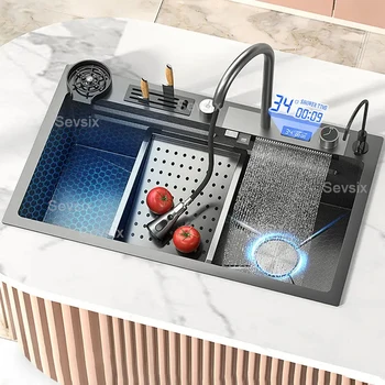 จอแสดงผลดิจิตอลอ่างล้างจานน้ําตกขนาดใหญ่ช่องเดียวนาโนอ่างล้างจานสแตนเลสใต้เคาน์เตอร์อ่างล้างจานลายนูนรังผึ้ง 1