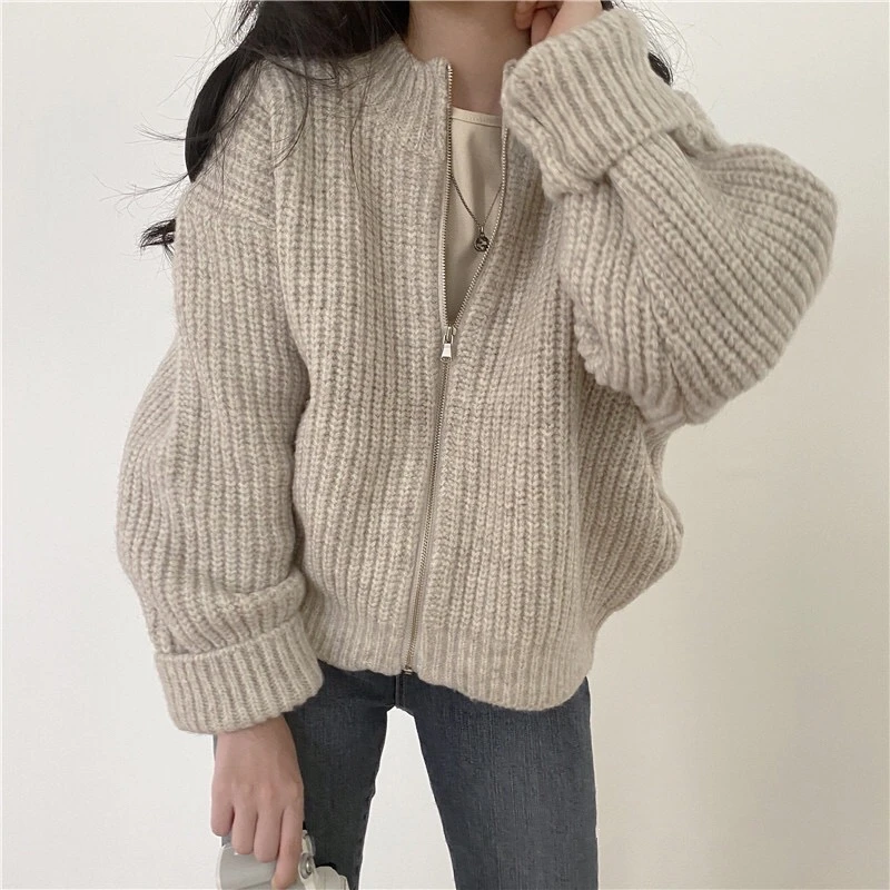 Fashion Autumn and Winter New Women's Solid Color Crew Neck Cardigan Knitted Sweater Loose Casual Zipper Top