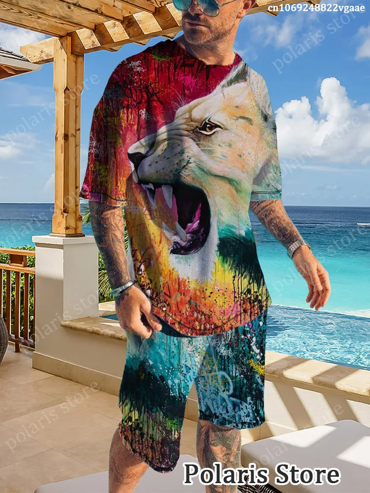 

Men Summer Lion Tracksuit Set King Leo T Shirt Beach Vacation Wear 2 Piece Outfit Oversized Casual Sportwear Male Clothes