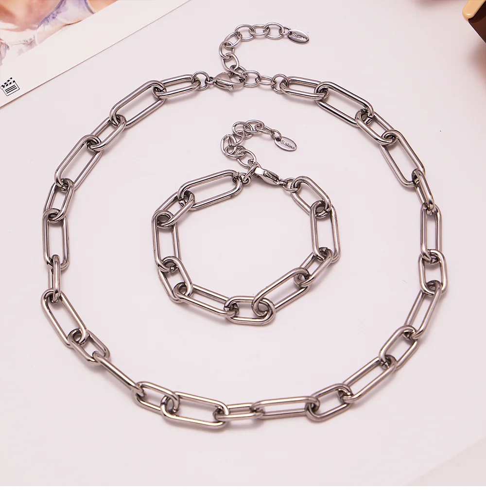 Edelstahl vergoldet klobige Kette Halskette für Frauen Goldene Silber kein Verblassen wasserdichtes Armband Femme Modeschmuck-Set – Detail 13