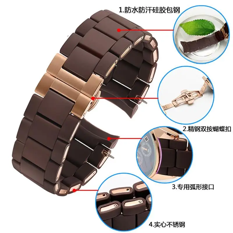SCHIK Rubber Watchband Silicone Wristband Bracelet Rose Gold Buckle For Armani AR5905 AR5906 AR5919 AR5920 20 23mm Watch Band