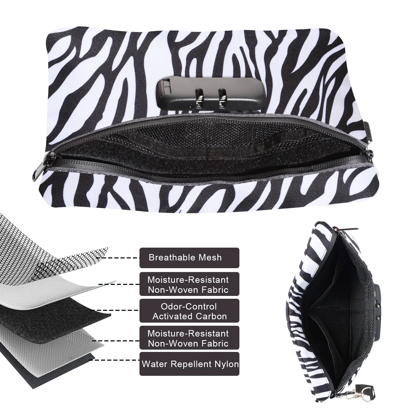Pocket Size Zebra Striped Pouch Bag with Zipper and Lock Smokers Stash Pouch