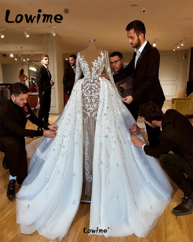 

Arabic Bride Dress With Detachable Skirt Handmade Flowers Customized Mermaid Beaded Crystal Wedding Dresses Muslim Wedding Gowns