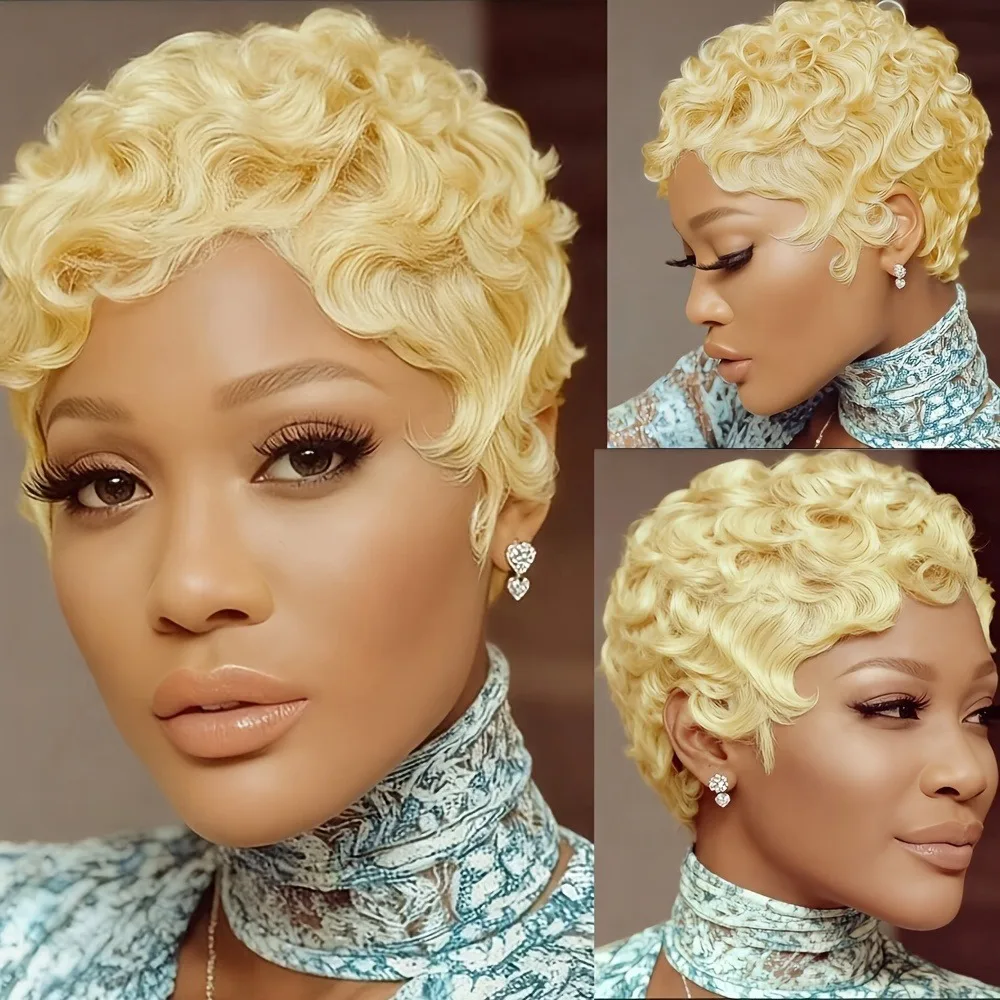 여성용 풀 머신 메이드 가발 인모 픽시컷 가발 - 150% 밀도 짧은 레이어드 컬리 웨이브 앞머리 포함, 613    색상