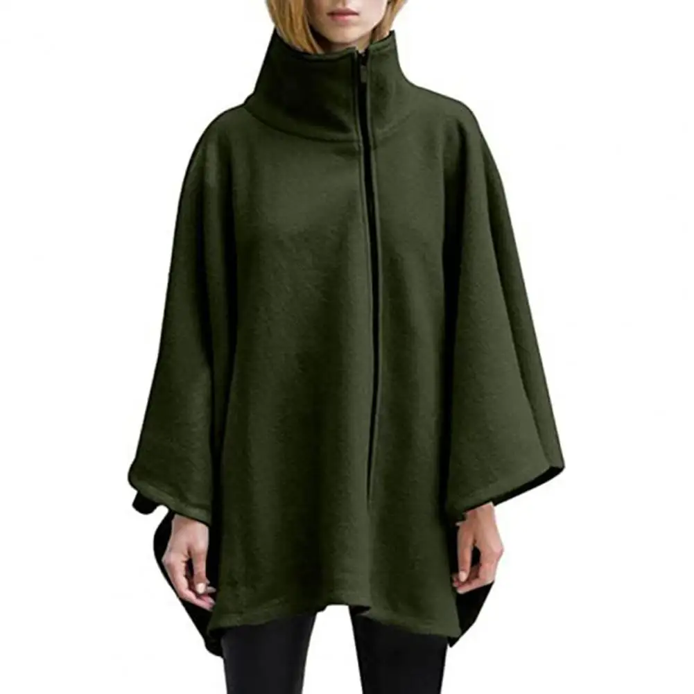 

Fall Winter Women Cape Coat High Collar Neck Protection Long Bat Sleeve Solid Color Windproof Thick Warm Loose Lady Poncho