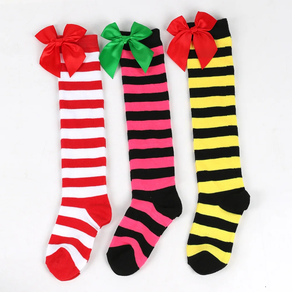 

Christmas Bow Socks Girls Autumn Winter Stockings Sweet Princess Long Socks Children's Striped Long Socks Xmas Hosiery