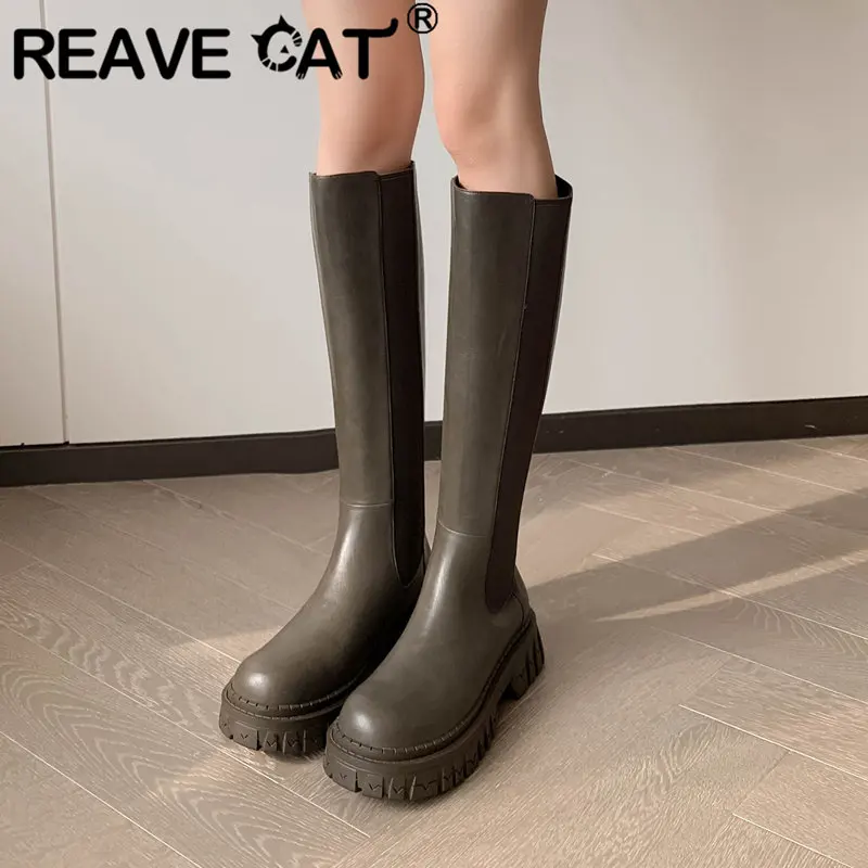 

Женские повседневные сапоги до колена REAVE CAT, брендовые сапоги из коровьей кожи на толстом каблуке 37 см с круглым носком и молнией 4 см, повседневные сапоги 40