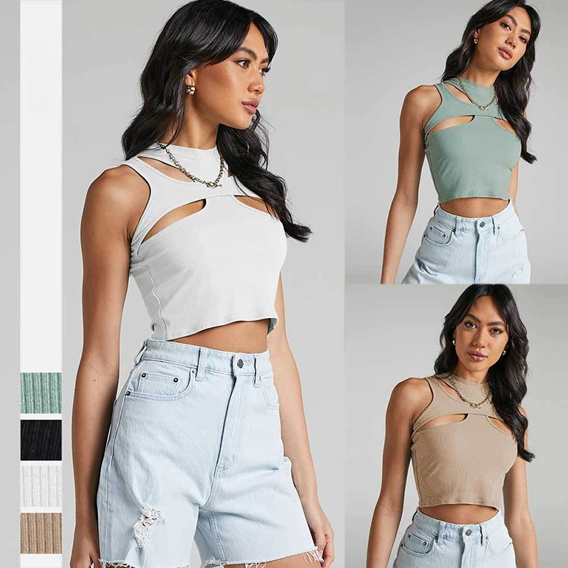 

Summer Hot Sale Tank Tops Women Sexy Hollow Out Super Short Bare Midriff Vest Ladies Club Fashion Skinny Sleeveless Tees