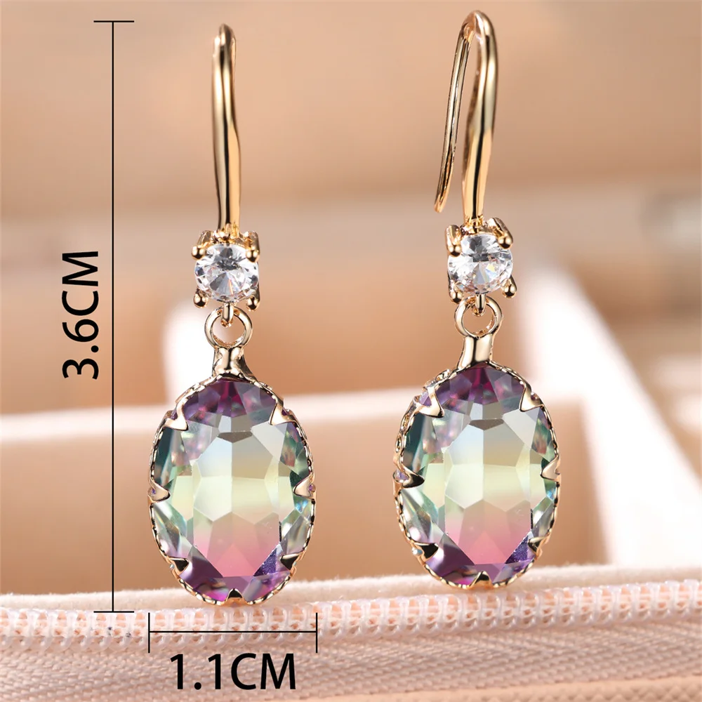 Rainbow Crystal Oval Stone Long Dangle Earrings For Women Vintage Gold Color Multicolor Zircon Drop Earring Wedding Jewelry Gift