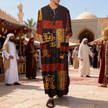 Men's Muslim Robes Ethnic Graphics Printed Long Sleeve Cotton Pockets Robes Casual Islamic Arab Kaftan Dubai Kaftan 2025 New