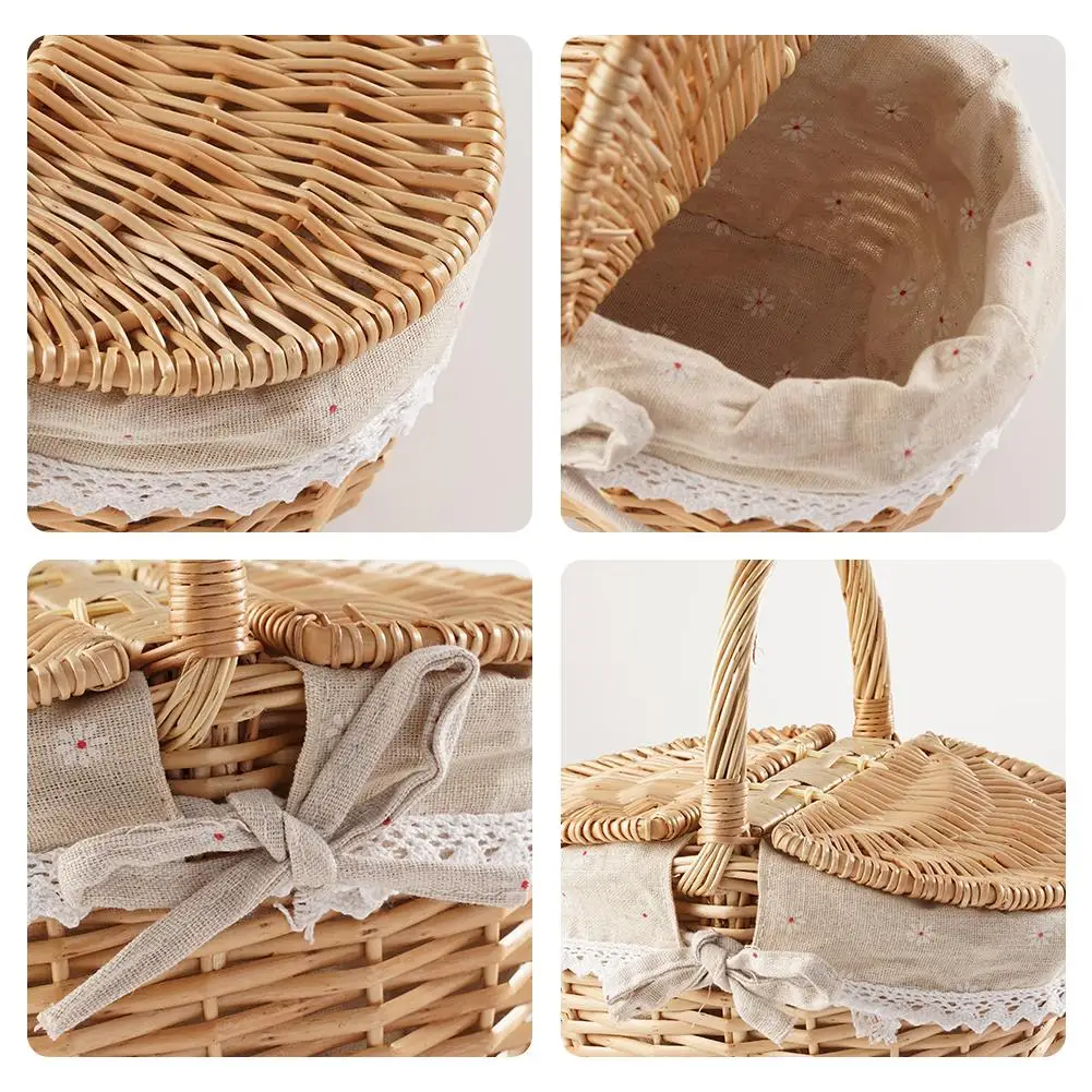 Willow Woven Wicker Picnic Basket With Lids Outdoor Shopping Double-lid Camping Large Capacity Fruit Storage Container Basket 5