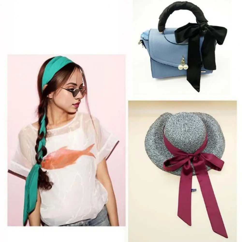 

4X100CM Women Narrow Long Scarf Solid Color Chiffon Silk Rubber Red Tie Black Bag Ribbon Headbands Choker Streamer