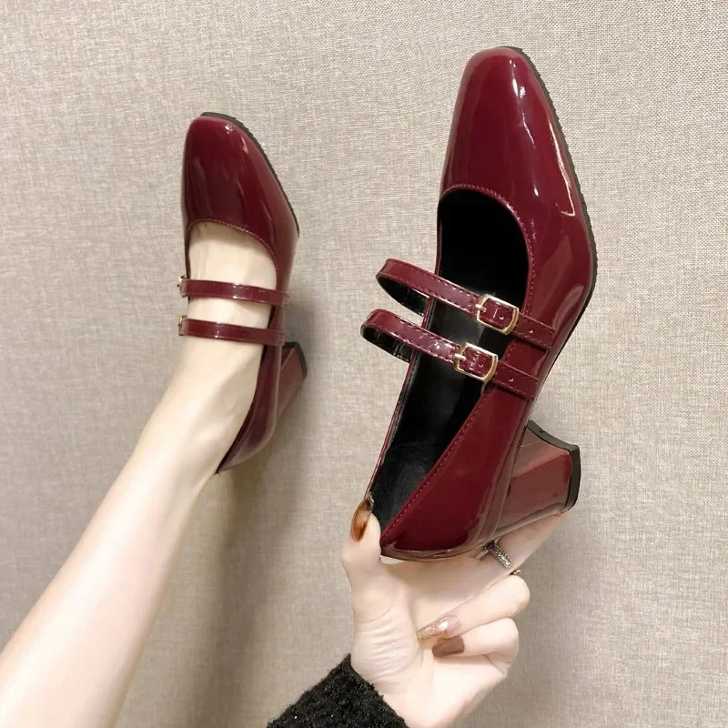 2025 Spring Autumn Women Double Buckle  Shoes Leather Square Head Square Heel Solid Color Women's Shoes 3