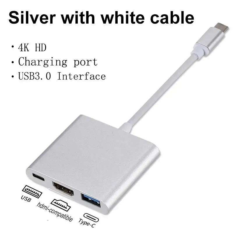 3 In 1 USB-C Usb Hub Male To Female HDMI-Compatible 4K Usb 3.1 Type-C To Usb 3.0 Charging Adapter For Macbook Laptops Converter
