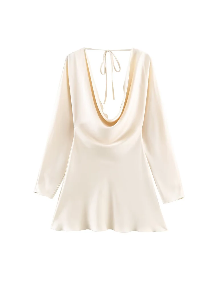 Women's Elegant Satin Party Dress High Street Long Sleeve Mini Dress Spring Fall Fashion Ladies Swinging Collar Solid Dresses