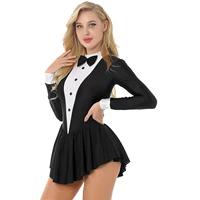 Robe de patinage artistique pour adolescents, femmes adultes, manches longues, nœud papillon, jupe de smoking, justaucorps de gymnastique, Costume de danse latine Jazz moderne 3