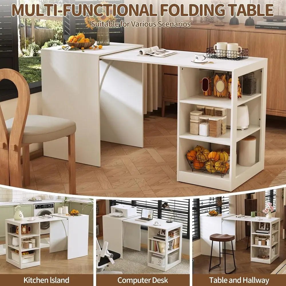 White 58-inch Office Desk with Pull-Out Table on Hidden Wheels, Featuring 3-Tier Open Shelves, Folding and Standing Desk Functio