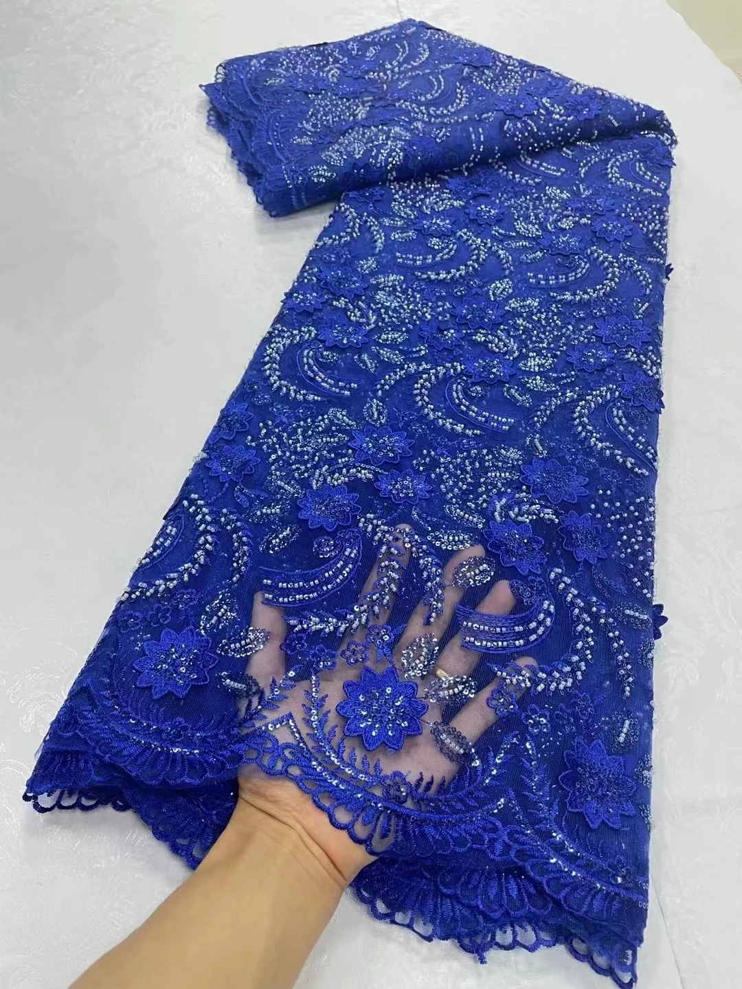 

Luxury African Lace Fabric 2023 High-End Handmade Beaded Lace Fabric France Sequins For Nigerian Sewing Wedding Dress