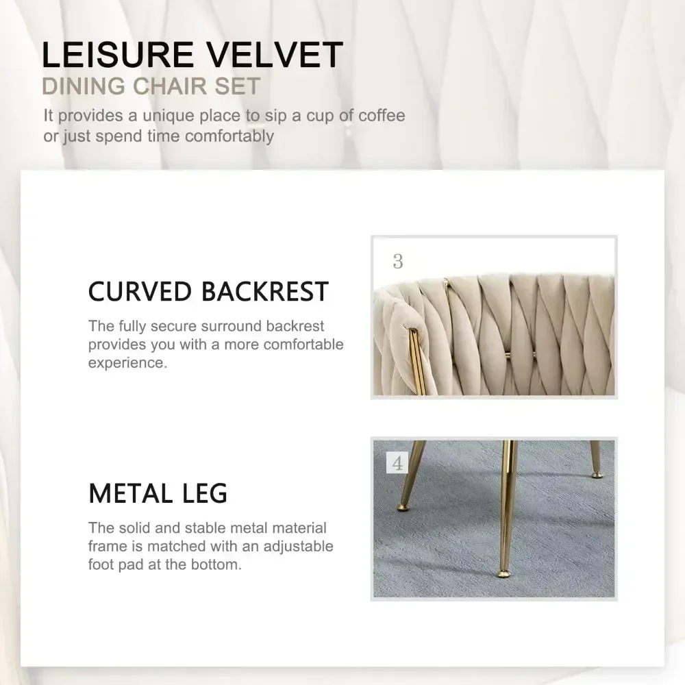 Woven Dining Chairs Set of 4,Velvet Upholstered Dining Chairs with Gold Metal Legs,Modern Accent Chairs Suitable for living room 4