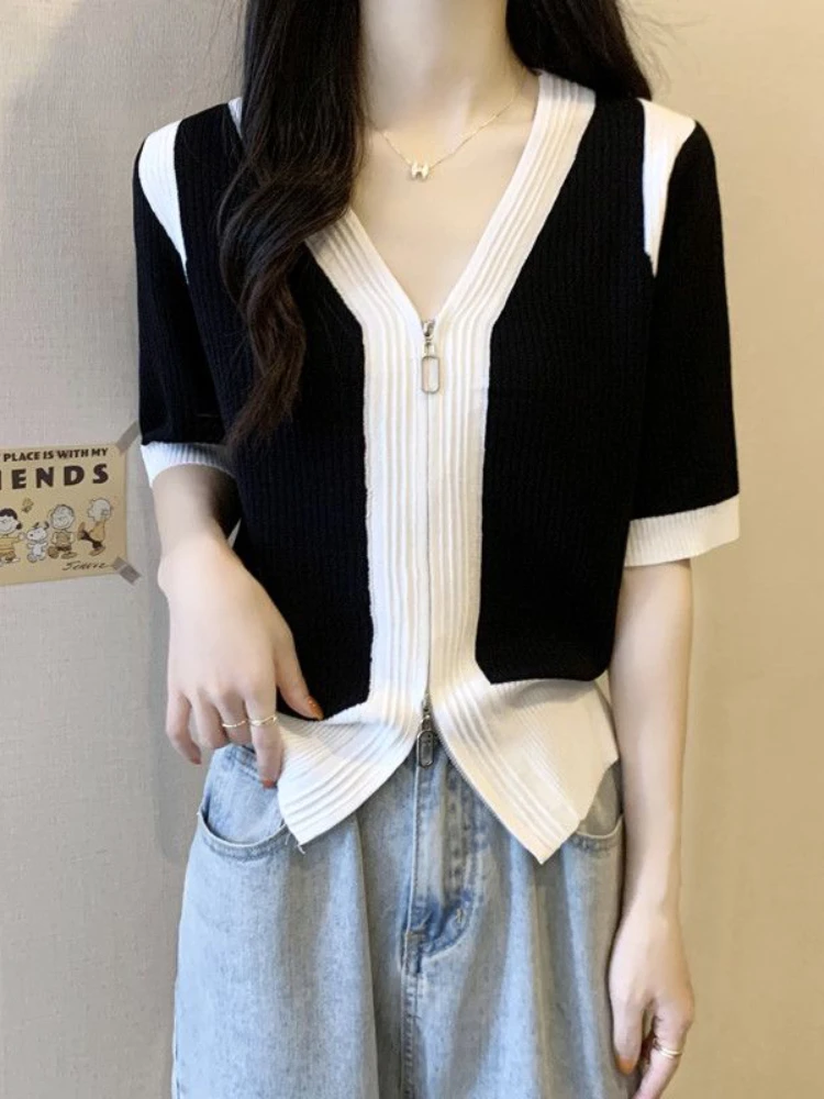 

Summer Korean Fashion Simple Patchwork Zipper Tees Ladies Short Sleeve Casual Cardigan Top Women Streetwear All-match T-shir N13