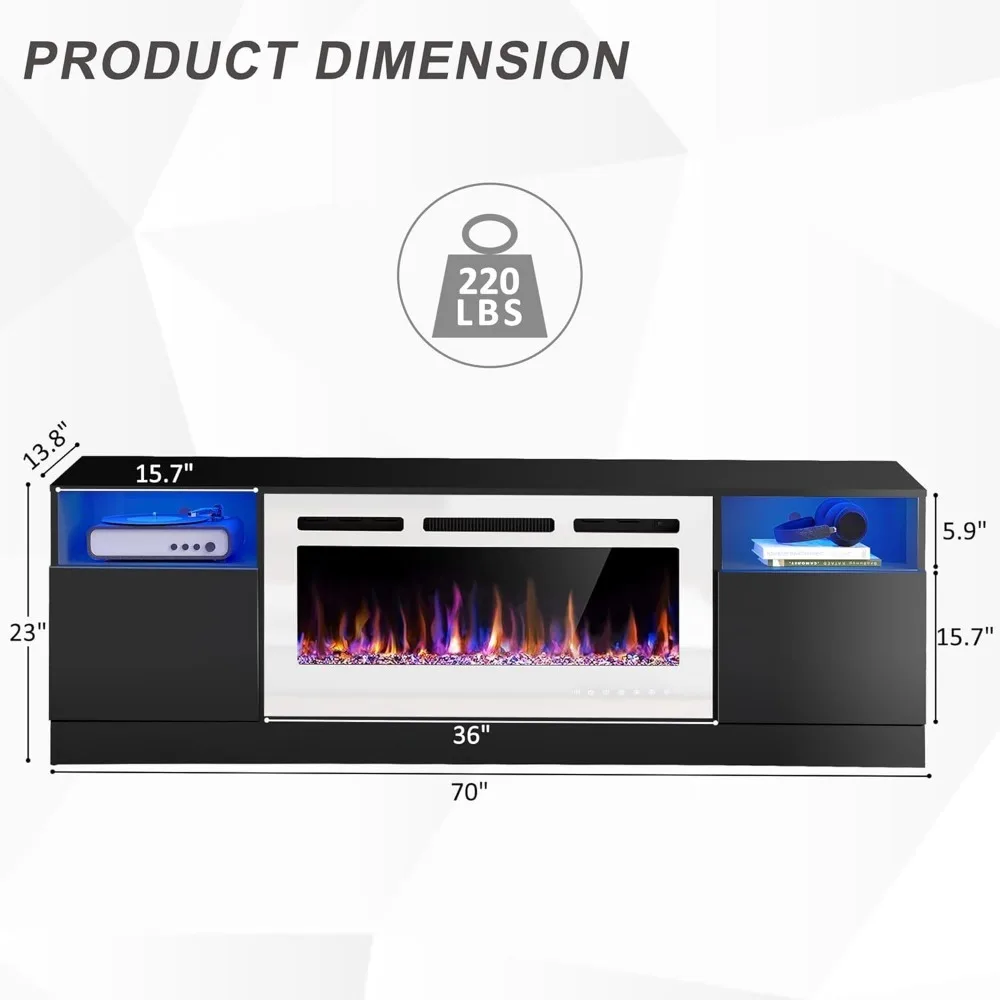 70inch Fireplace TV Stand for TVs Up to 80" with 36" Electric Fireplace,TV Console for The Living Room,Media Console Table，Black 5