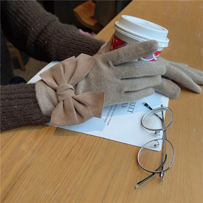 

Woolen Five-finger Women's Gloves New Fresh Bow Sweet Simple Touch Screen Cashmere Autumn and Winter Models Plus Velvet Thicken