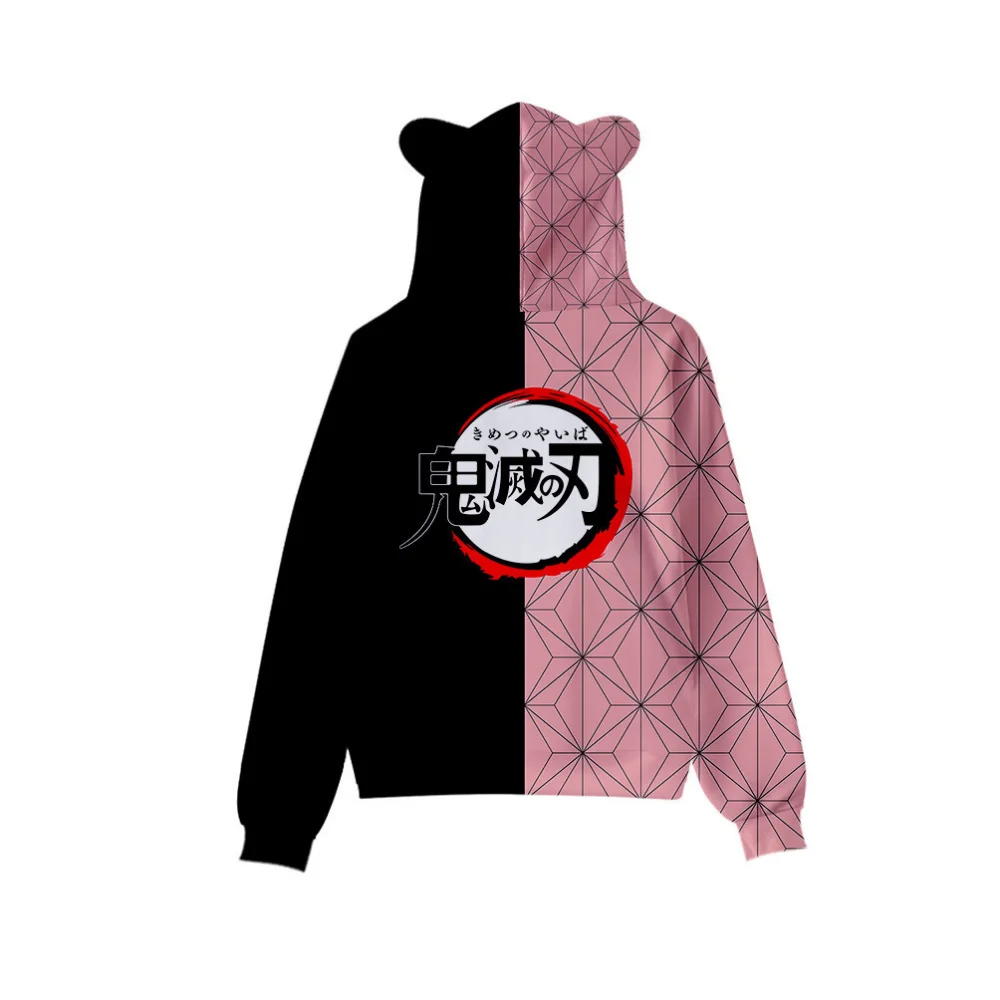 Japan Anime Demon Slayer Print Pullover Cute Cat Ears Hoodies Men Cartoon Sweatshirt Cosplay Costume