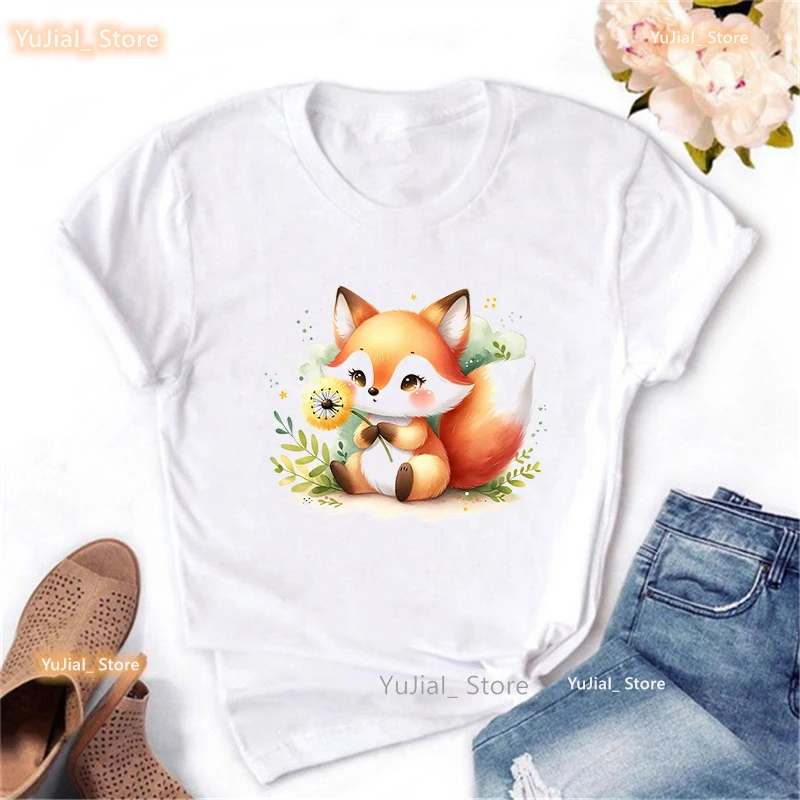 Aquarell Fuchs Wunsch Löwenzahn Tier gedruckt T-Shirt Mädchen Kawaii Kleidung Sommer Mode T-Shirt Frauen Harajuku Shirt – Detail 5