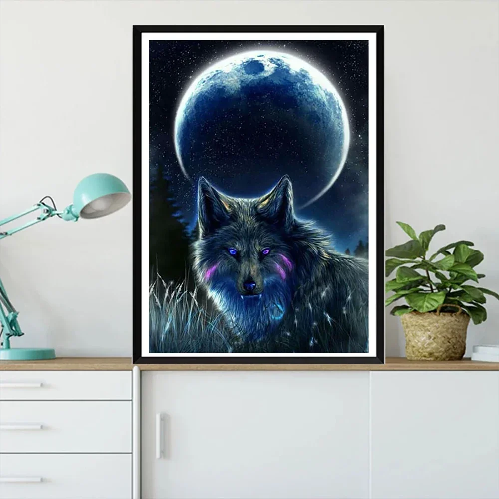 Diamond Painting 5D DIY Wolf Moon Landscape Mosaic Animal Cross Stitch Kit