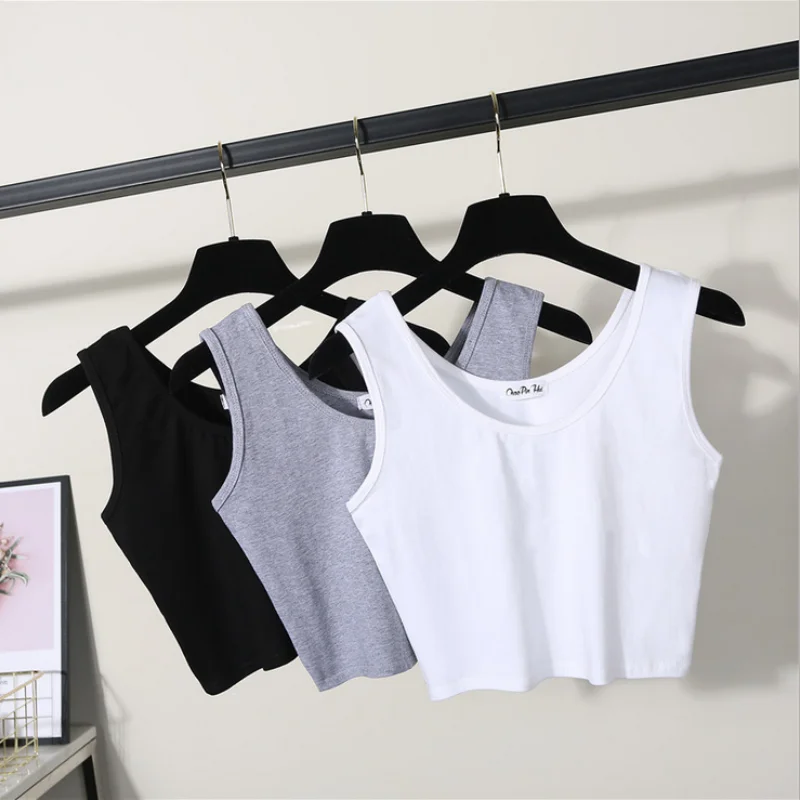 

2021 Sexy Women Summer Crop Tops Sleeveless Short Cotton U Collar Knitted Bar Gym Tank Top Women