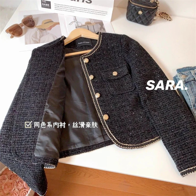 High-End Warm Down Cotton Jacket With Fragrance Tweed Woven Quilted Woolen Suit For Women Autumn Winter 2024 O-Neck Short Top