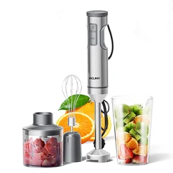 Powerful 4 - in - 1 Stainless Steel Hand Immersion Blender with Mixing Beaker, Food Processor, and Whisk Attachments - AU Plug (Light gray)