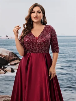 فستان سهرة فاخر بأكمام قصيرة من الساتان على شكل حرف v مقاس كبير للنساء ترتر أنيق للحفلات الراقصة بطول الأرض فساتين كوكتيل 6