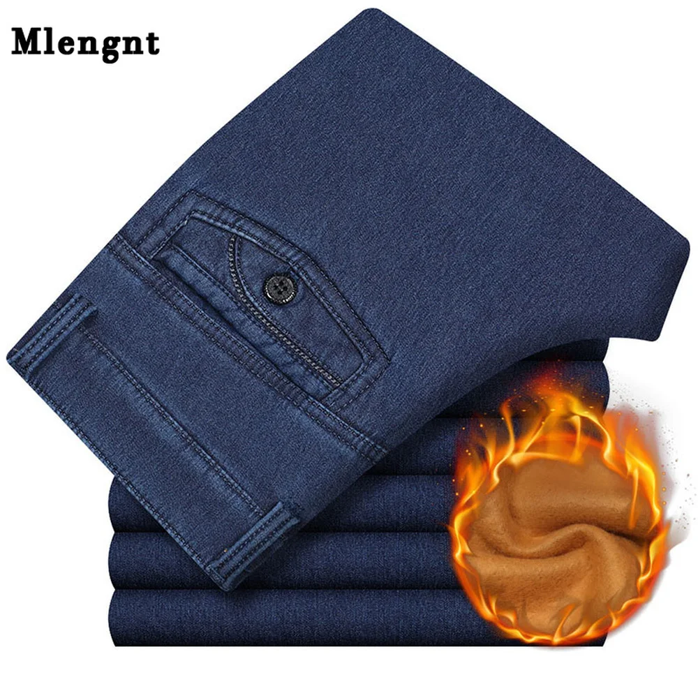 Big Size Classic Business Jeans For Men Autumn Winter Male Casual High Quality Thick Fleece Warm Elastic Denim Pants Size 30-44