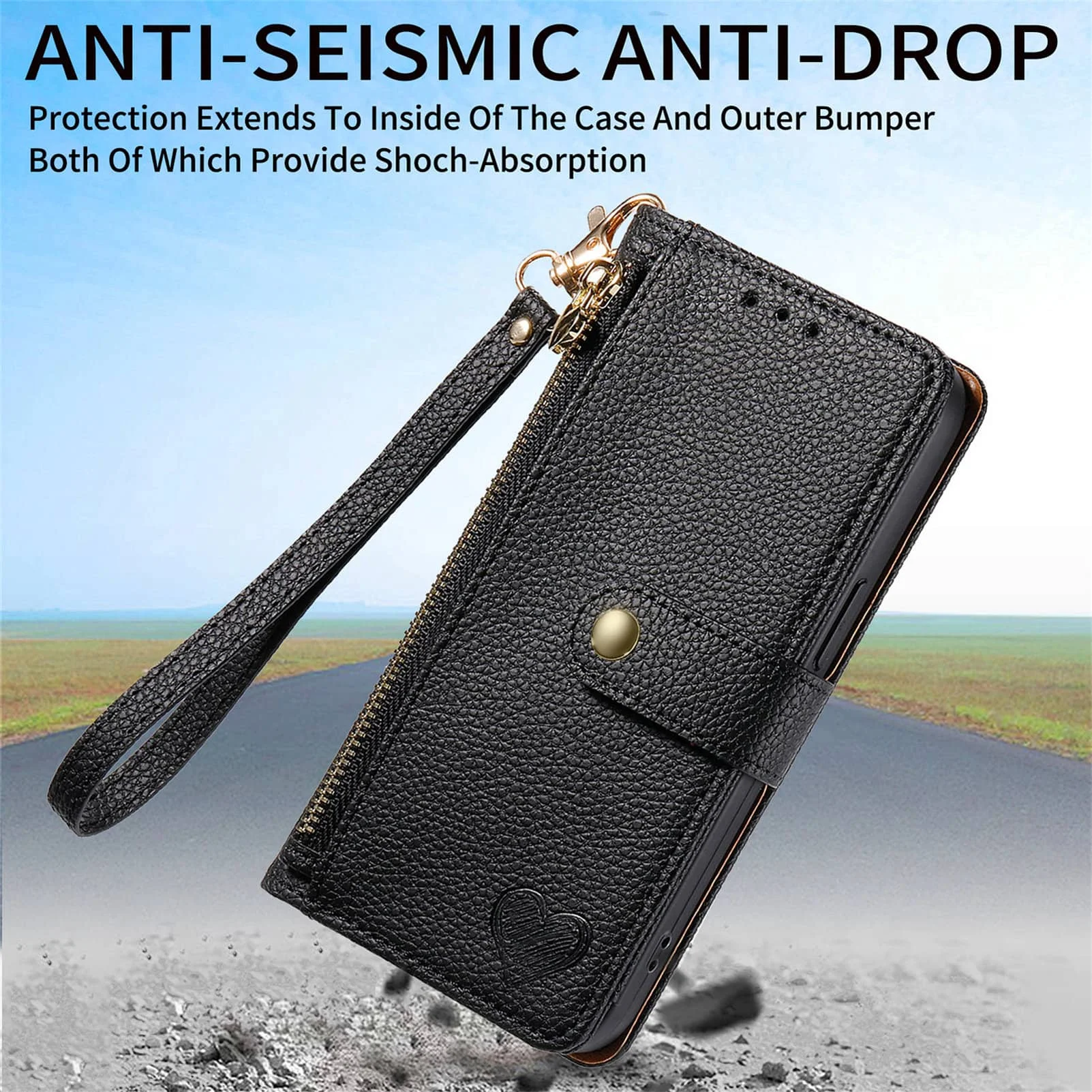 Premium Wallet Case with Zipper Pocket and Wrist Strap - Flip Card Holder Purse