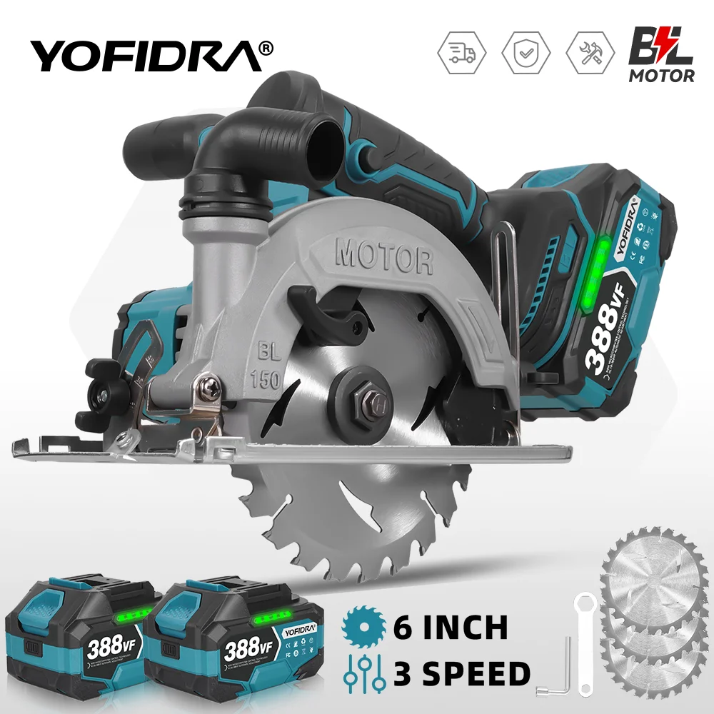 YOFIDRA Brushless Electric Circular Saw 6 Inch 150mm with Digital Display Chainsaw Woodworking Cutting Tool Compatible with Makita 18V Battery Pin