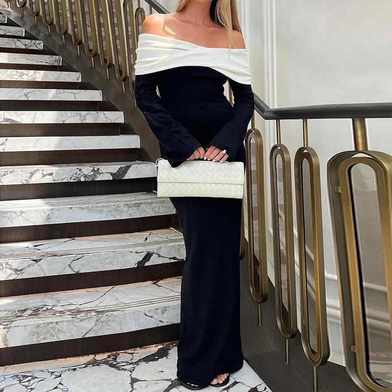 Elegant Contrast Slim Maxi Dress Female Off-Shoulder Fashion Twist Long Sleeve Patchwork Dress Ladies Party Dress Clothes