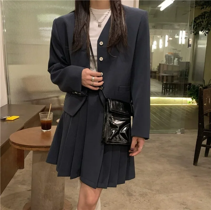 Fashion 2024 Casual Suit Skirt Suit Temperament Short Long Sleeve Suit High Waist Sexy Pleated Skirt Fashion Two-piece Female