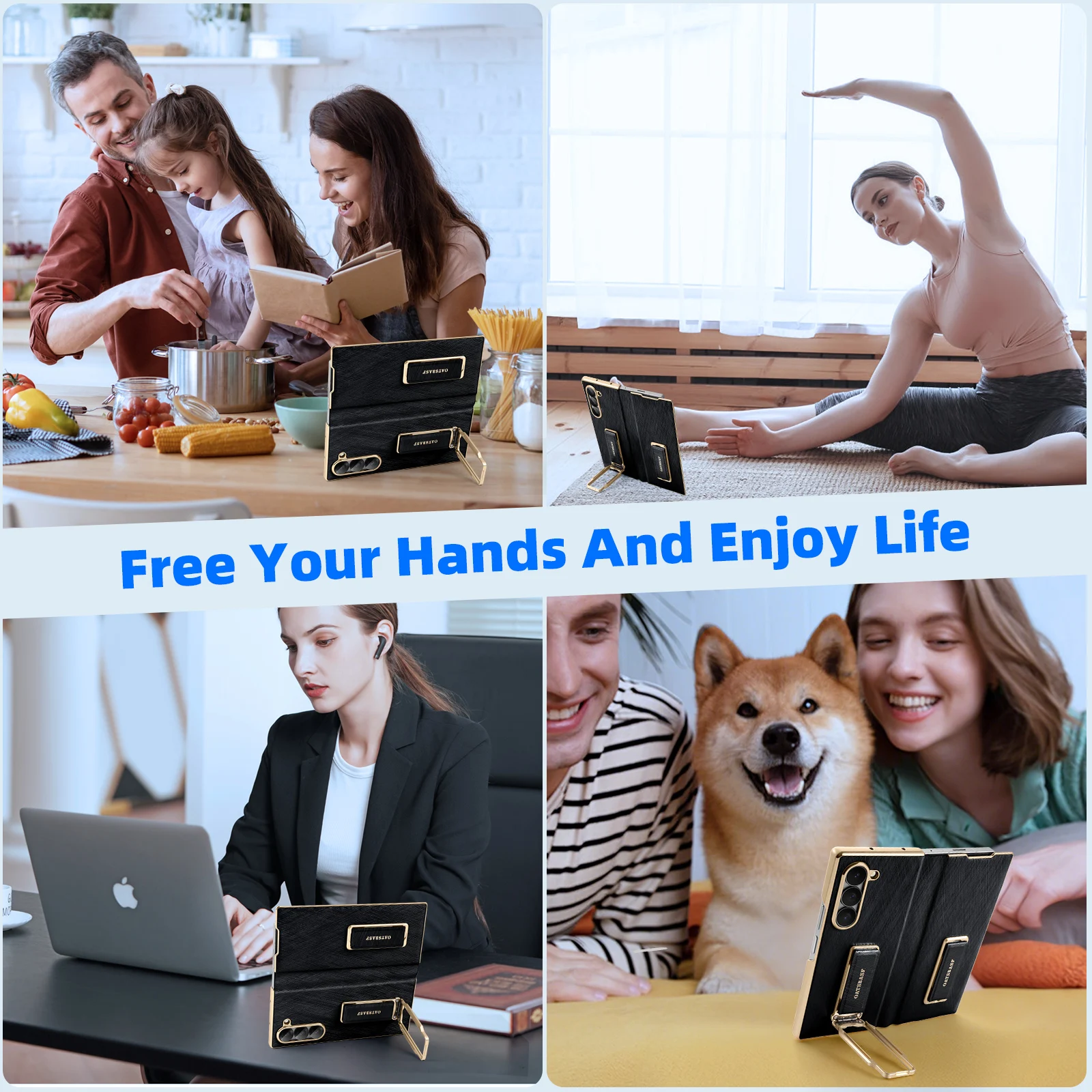 Oatsbasf Dual Strap Leather Phone Case with Kickstand & 360° Rotatable Shockproof Protection