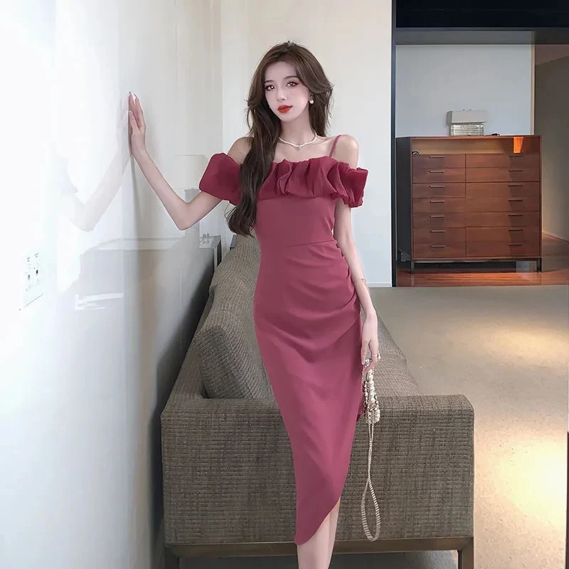 

French one-neck sleeveless suspender dress women 2024 ruffled irregular sexy off-the-shoulder vestidos elegantes dress