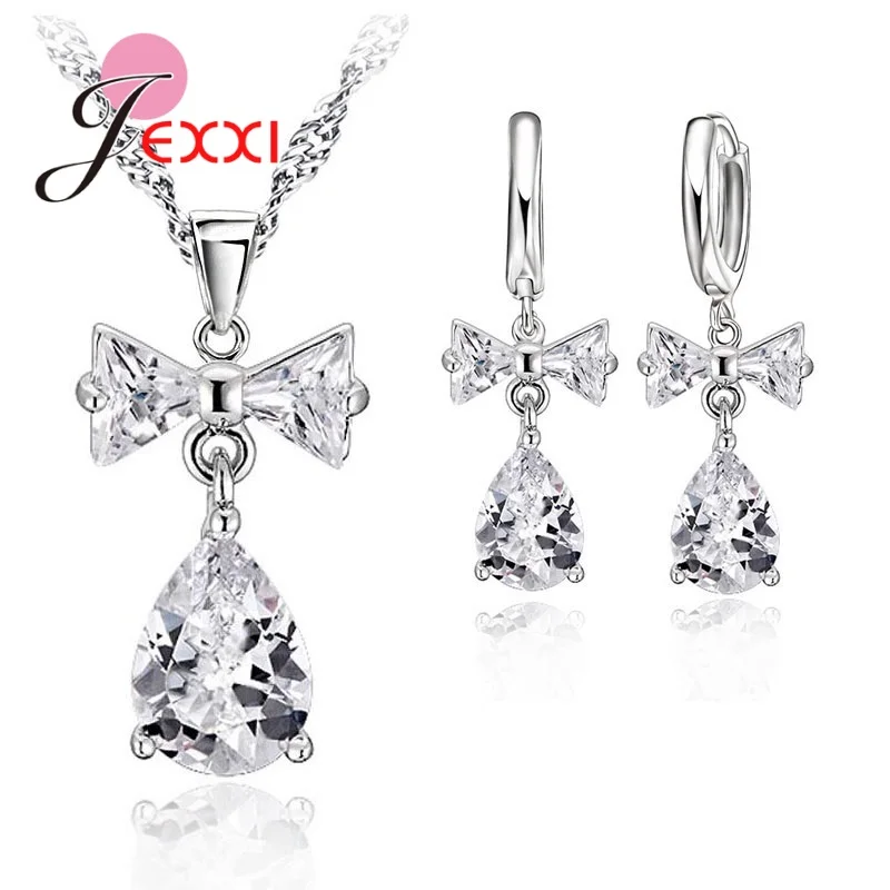925 Sterling Silver Jewelry Set Crystal Rhinestone Flower Pendant Necklace Earring Sets