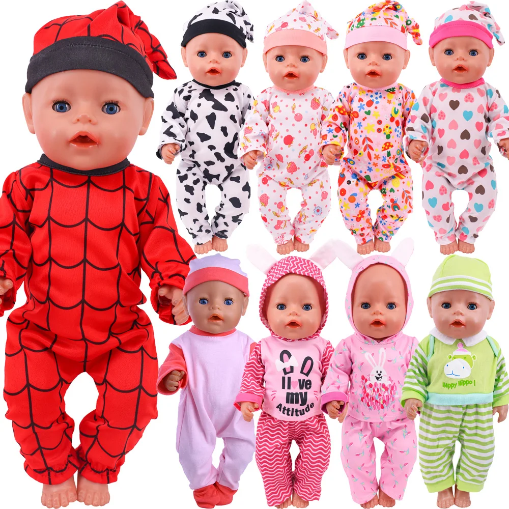 Doll Clothes 2Pcs/Set Jumpsuit + Hat Pajamas Cow Pattern For 18Inch American Doll & 43 Cm Reborn Baby Our Generation Accessories 2023 punk style the wonder magic heroes pattern 3d print sexy bodysuits cosplay costume jumpsuit adults onesie skinny outfit