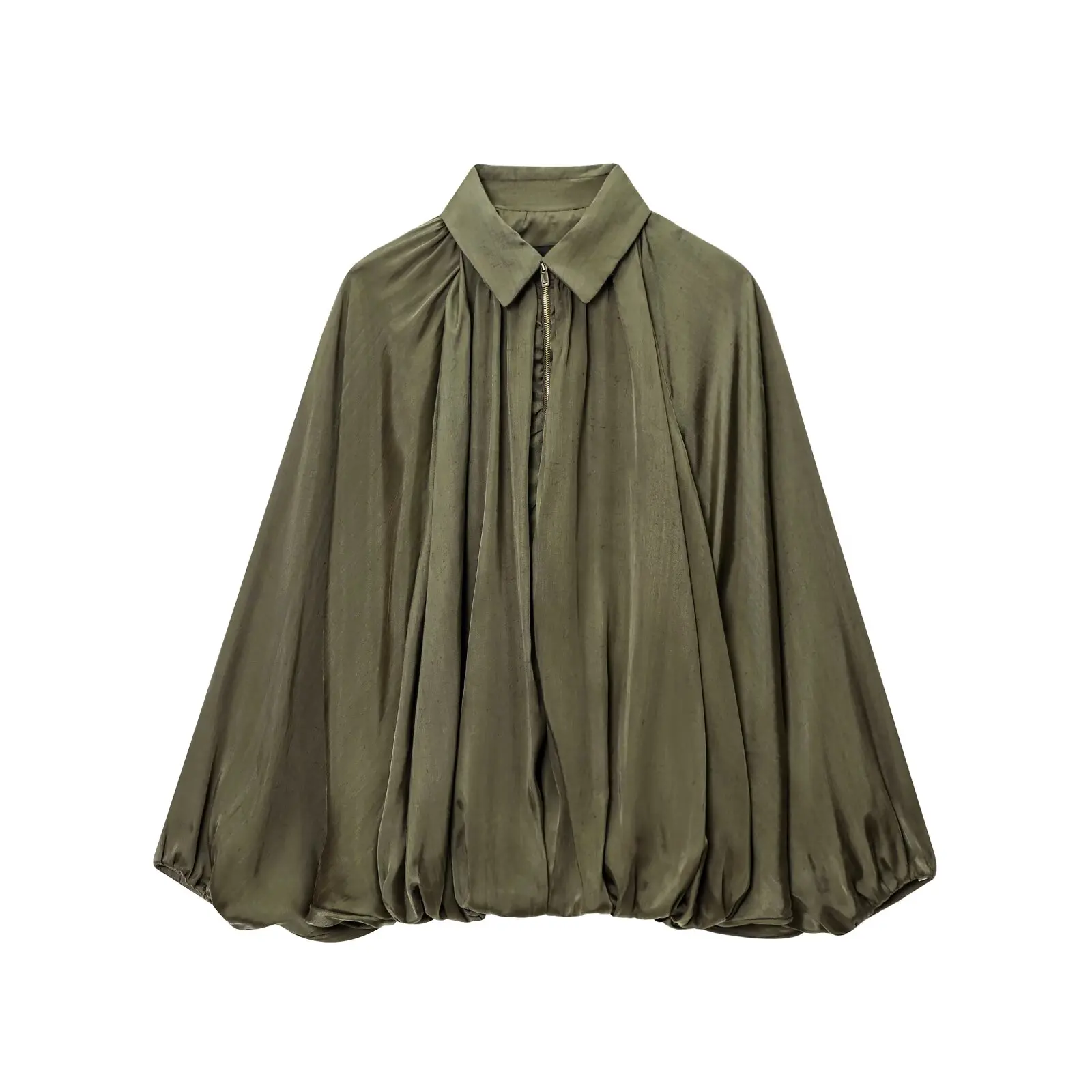 Dark army green ver2 lapel zipper draped pleats