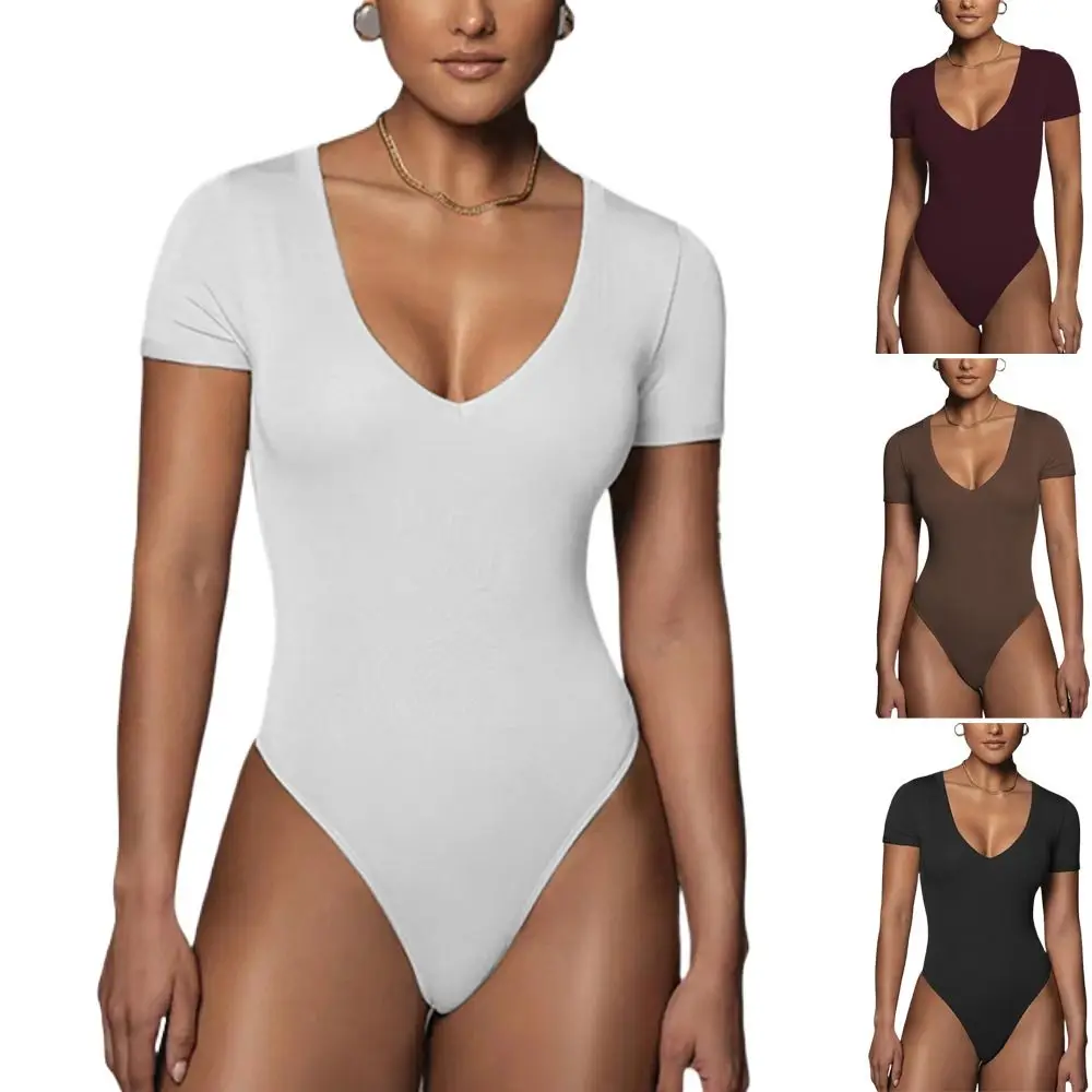 

Slim Fit Short Sleeve Tops Women's T-pants Jumpsuit Sexy V Neck Bodysuit