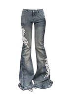 Pantalon évasé en denim brodé pour femme, American Street Bell, Jeans astronomiques, Grunge japonais, Abi taille basse, Y2K, Grunge des années 2000, Goblin Core 2