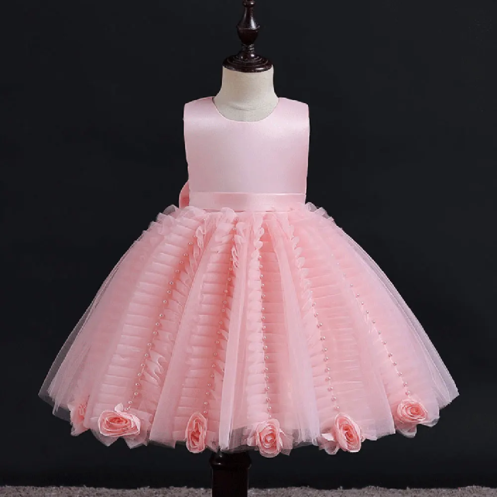 

3-10Y Fashion Pleat Baby Girl Princess Dress Beading Toddler Kids Party Wedding Vestido Tulle Pageant Birthday Children Clothes