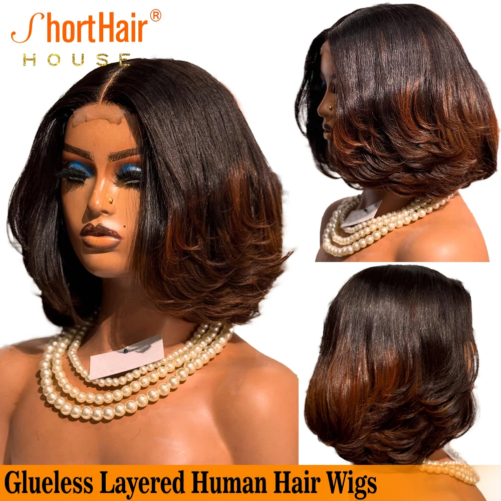 Human Hair Wigs Brown Highlight Pre-cut Lace Closure Wigs Glueless Human Hair Brazilian Reddish Brown Wavy Layered Wave