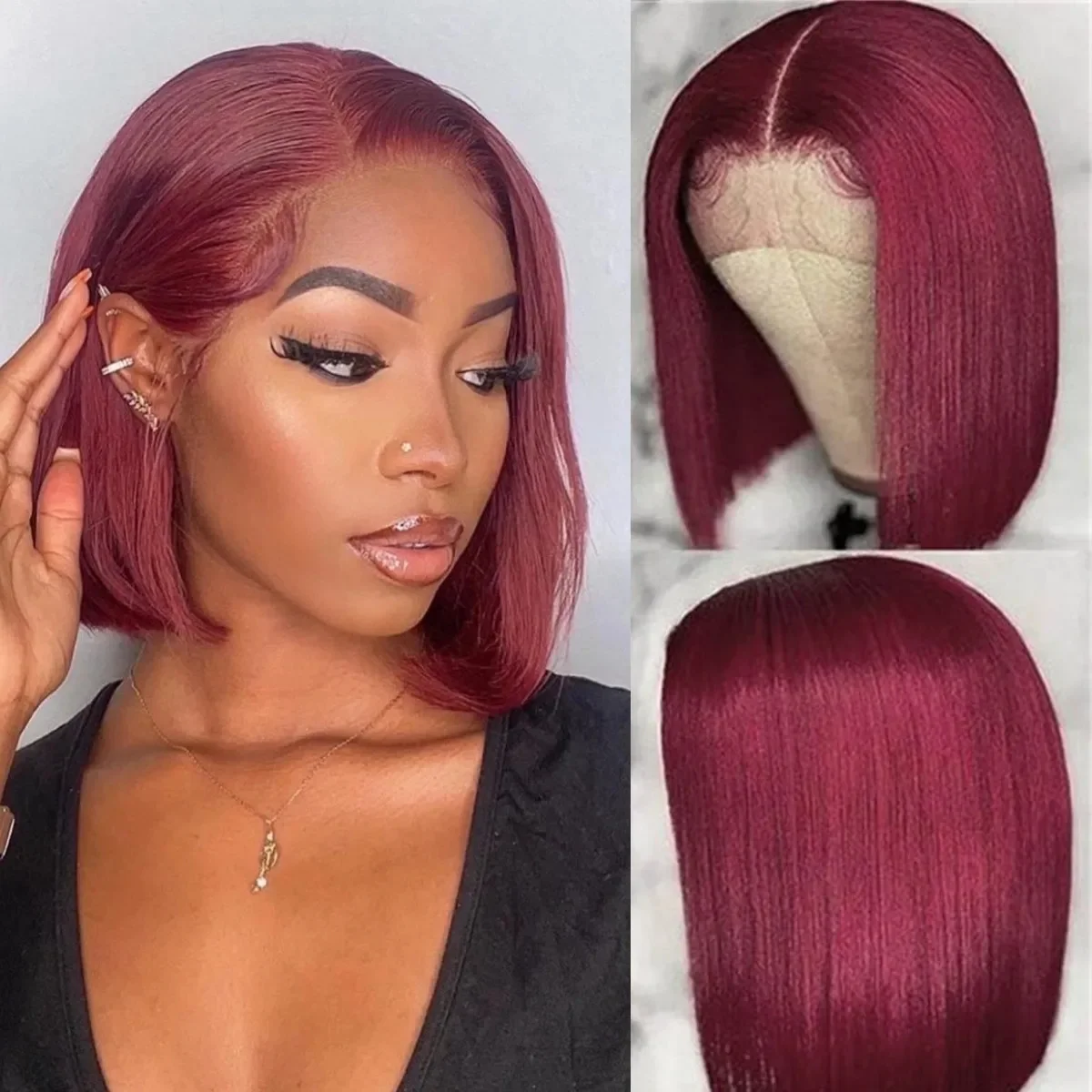 Burgundy Transparent Bob Human Hair Wig Image 3