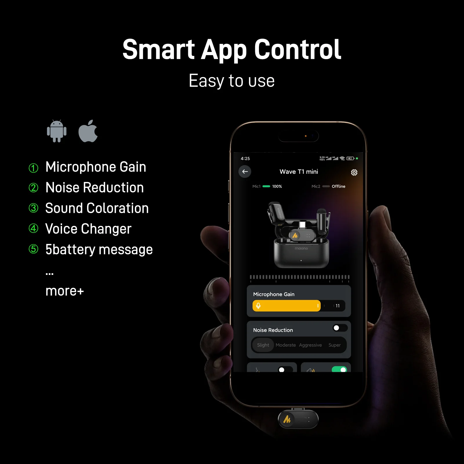 MAONO T1mini Wireless Lapel Microphone for Phone-Noise Cancellation Auto Clipping Function App Setting Audio Video Recording Mic 4