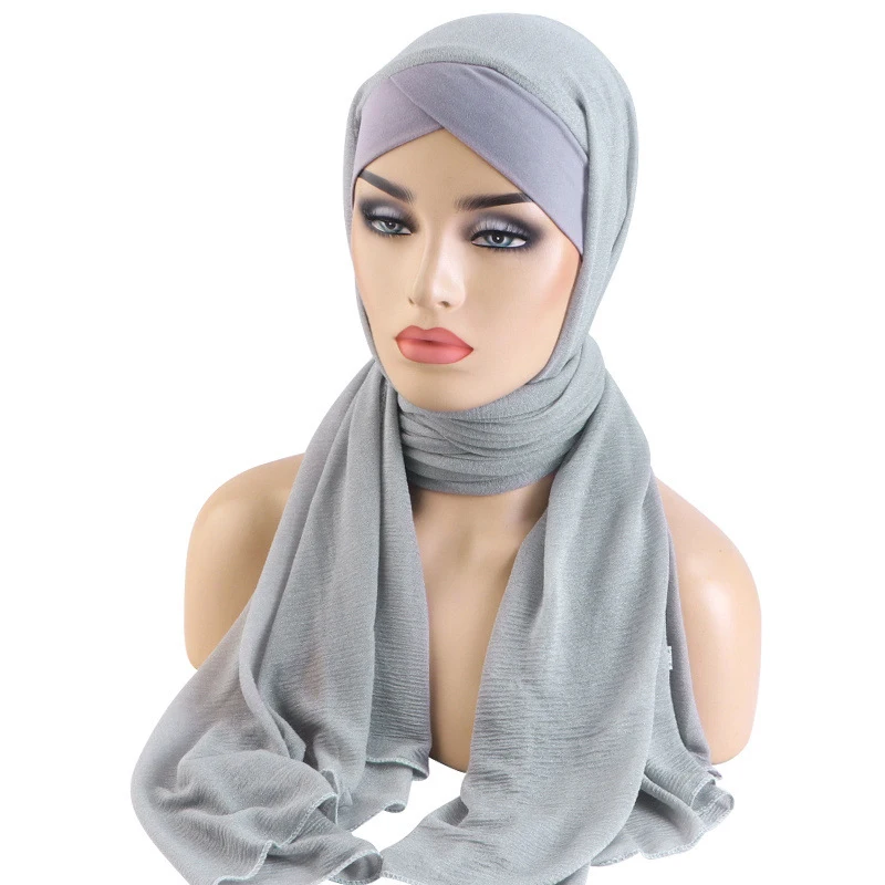 

Мусульманский Хиджаб сплошной цвет перекрестный длинный шарф шаль с ремешками мягкий многоцветный шарф для женщин летний хиджаб